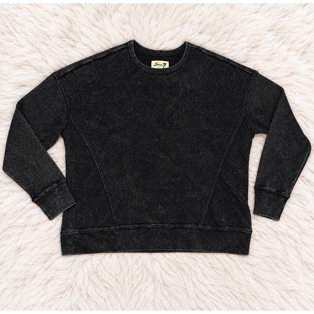 Seven7 Thermal Waffle Knit Top Washed Black Mineral Long Sleeve Pullover XL